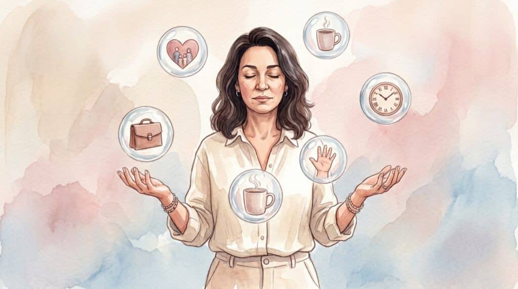Aquarell-Illustration: Frau balanciert mehrere Glaskugeln – Funktionieren-wollen und Erschöpfung des Nervensystems