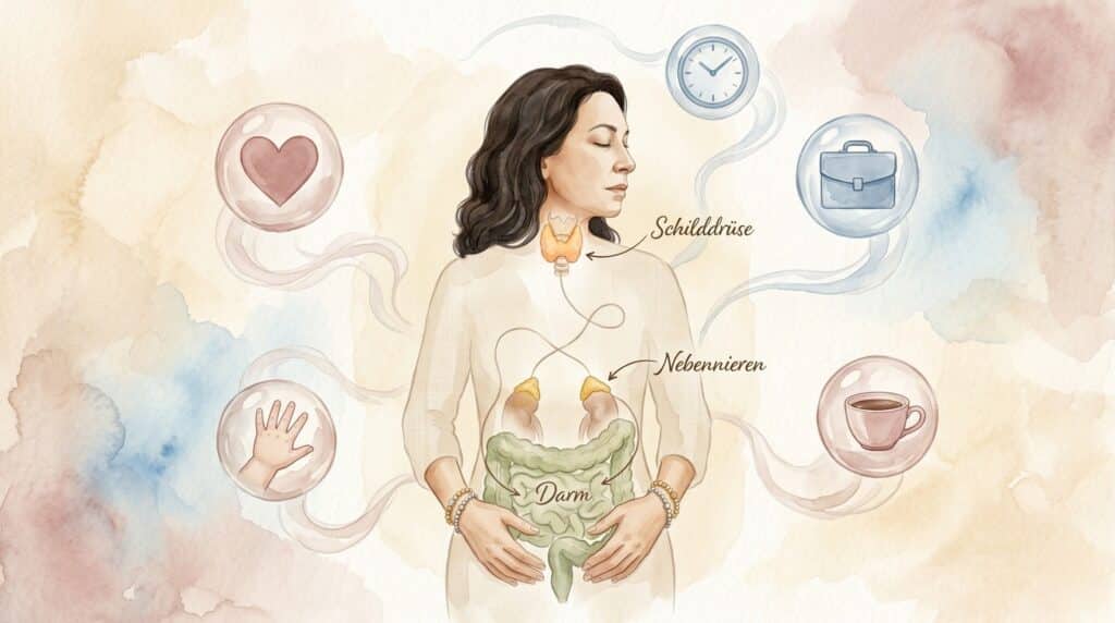 Aquarell-Illustration: Drei Schichten der Erschöpfung – Schilddrüse, Nebennieren und Darm