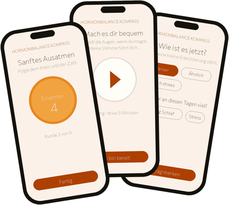 HormonBalance-App: Atemuebung, gefuehrter Ablauf und Nachspueren auf drei Handy-Screens