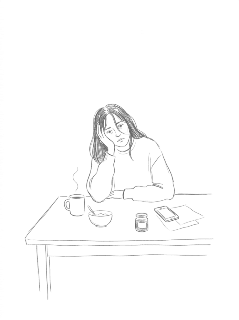 Erschöpfte Frau am Frühstückstisch mit Kaffee, Handy und Nahrungsergänzung – Illustration