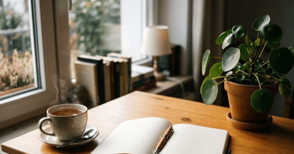 Aufgeschlagenes Notizbuch mit Stift und eine Tasse Tee auf einem Holztisch am Fenster