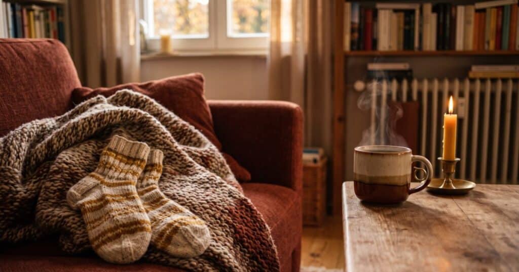 Dicke Wolldecke, ein Paar Wollsocken und eine dampfende Tasse Tee auf einem Sofa im Nachmittagslicht
