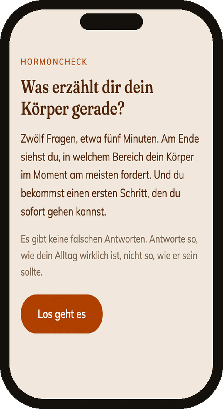 Der Hormoncheck auf dem Handy: Startbildschirm mit der Frage Was erzählt dir dein Körper gerade