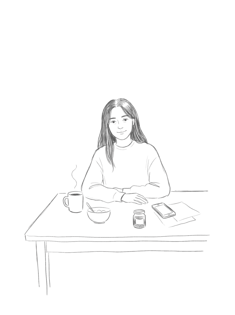 Frau sitzt aufrecht, gelöst und ruhig am Tisch – Illustration (Frieden und neue Kraft)