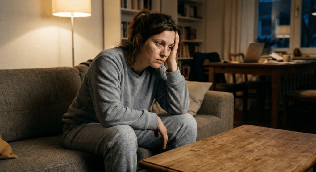 Erschöpfte Frau sitzt abends auf dem Sofa