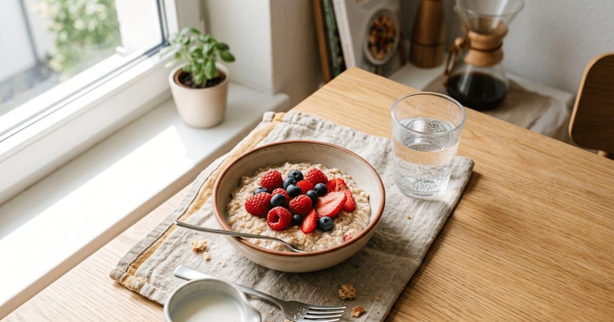 Schale Haferflocken mit frischen Beeren und ein Glas Wasser auf einem Frühstückstisch am Fenster