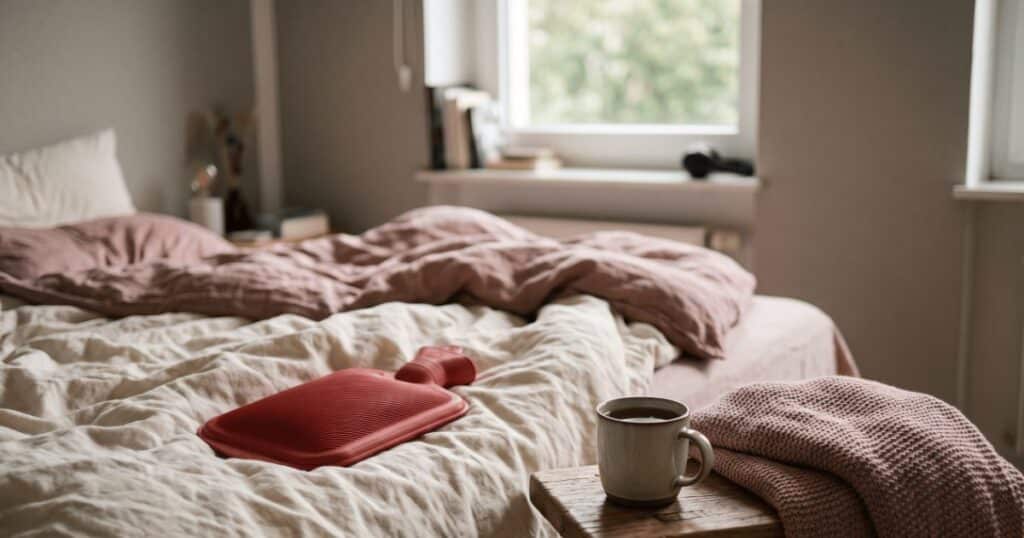 Rote Wärmflasche und eine Tasse Tee auf einem zerknautschten Bett im Vormittagslicht