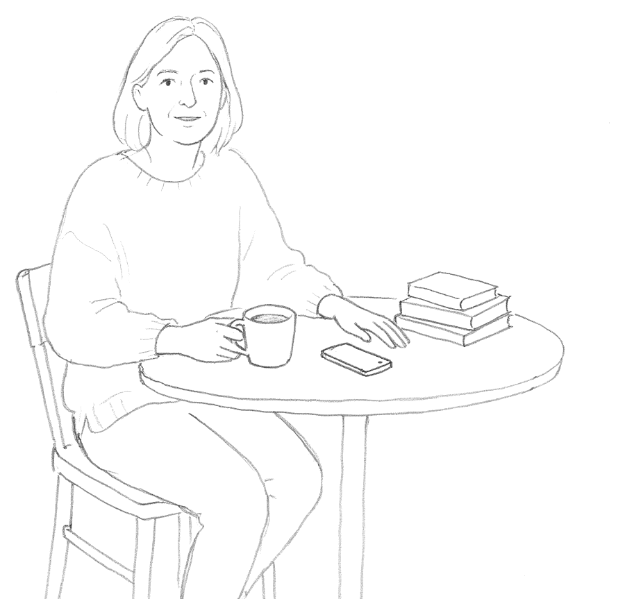 Skizze: Eine Frau sitzt mit einer Tasse Tee am Tisch, daneben ein Handy und ein kleiner Bücherstapel