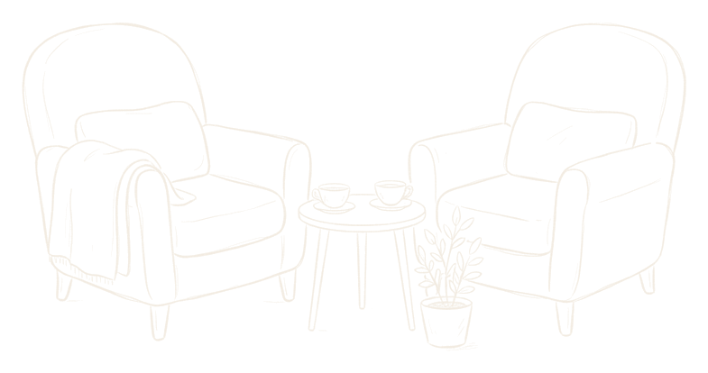 Gezeichnete Sessel stehen sich zugewandt, dazwischen ein kleiner Tisch mit zwei Tassen Tee