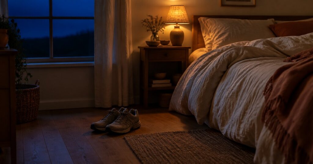 Beitragsbild zum Thema zirkadianer Rhythmus: dunkles Schlafzimmer vor Sonnenaufgang, Laufschuhe stehen unberührt neben dem Bett.