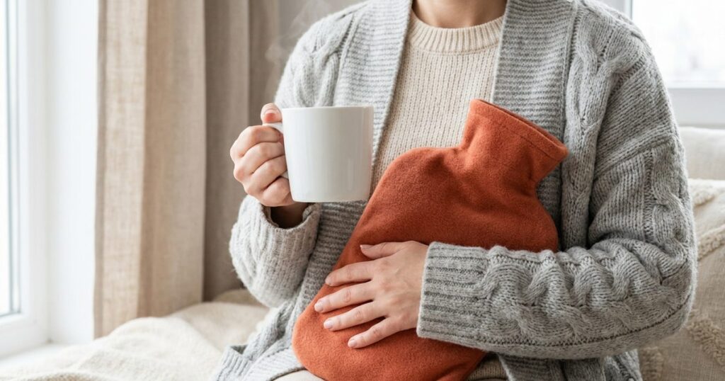 Eine Frau im grauen Strickcardigan hält eine Tasse Tee und eine Wärmflasche vor den Bauch