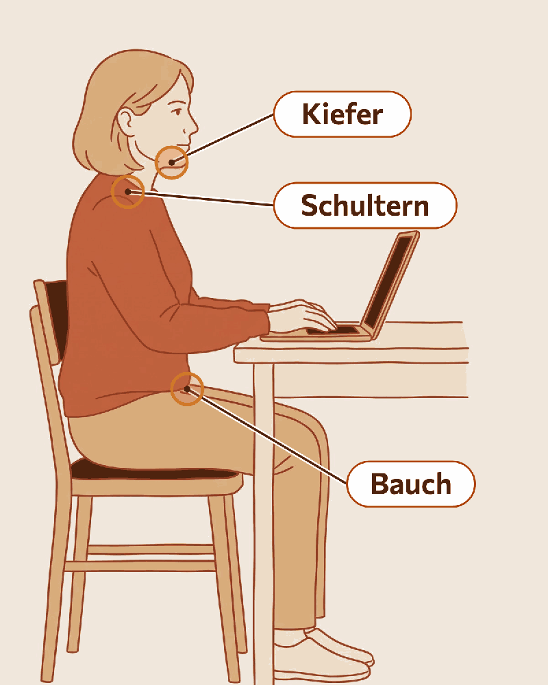 Grafik: Eine Frau sitzt am Schreibtisch. Markiert sind Kiefer, Schultern und Bauch, die sich vor dem Schmerz anspannen
